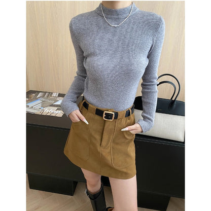 Chic Buttoned Cuffed Slim-Fit High-Neck Knit Top Layering Essential