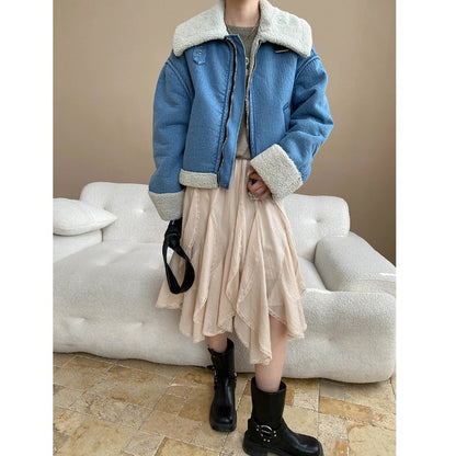 Street Style Warm Faux Shearling Fur-and-Leather Reversible Lapel Denim Jacket