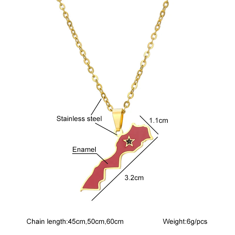 Kingdom of Morocco Map Flag Pendant Necklace Stainless Steel Men Women African Ethnic Jewelry Le Royaume Du Maroc National Flag