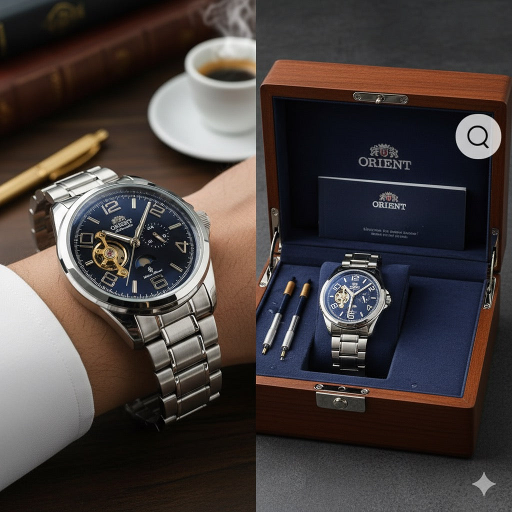 MONTRE ORIENT CLASSIC - Sun & Moon - COEUR OUVERT CADRAN BLEU