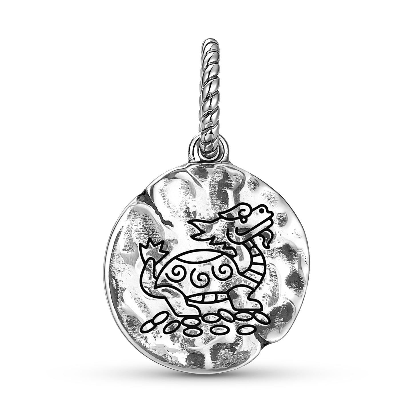 Dragon Turtle Symbol 925 Sterling Silver Hand Textured Dangle Charm For Charm Bracelets