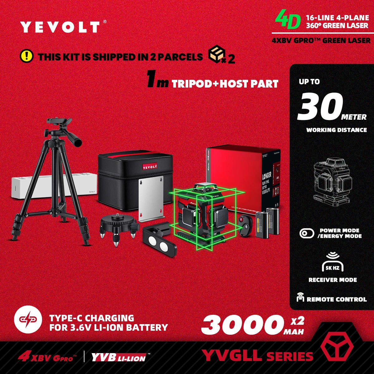 YEVOLT YVGLL4XS16 16 lignes 4 planches outils de niveau Laser vert 4D avec puissance 3Ah/5.2Ah Machine auto-nivelante horizontale et verticale