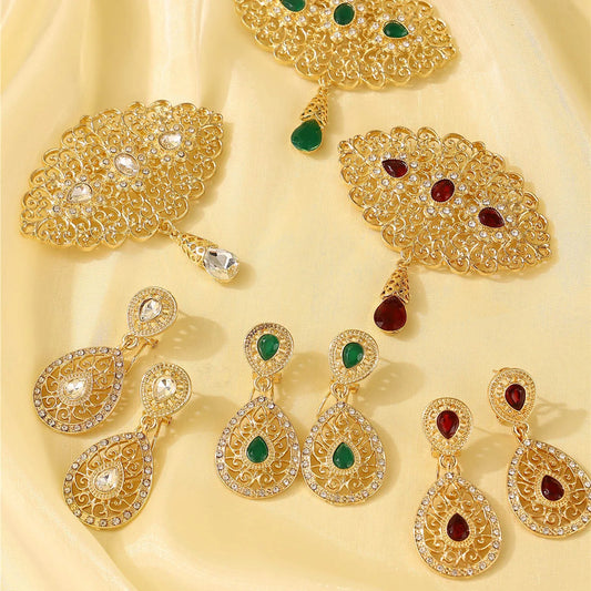 Moroccan ladies' fashion brooch earring set, Bohemian style, bridal banquet accessories, festival clothing ornaments.