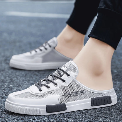 2023 Men's New Lace Up Hollow Breathable Outdoor Comfortable Flat Bottom Half Trailer Men's Shoes