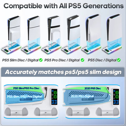 Stand de refroidissement pour PS5/PS5 Slim/PS5 Pro avec crochet casque Station de charge manettes et ventilateur 3 niveaux