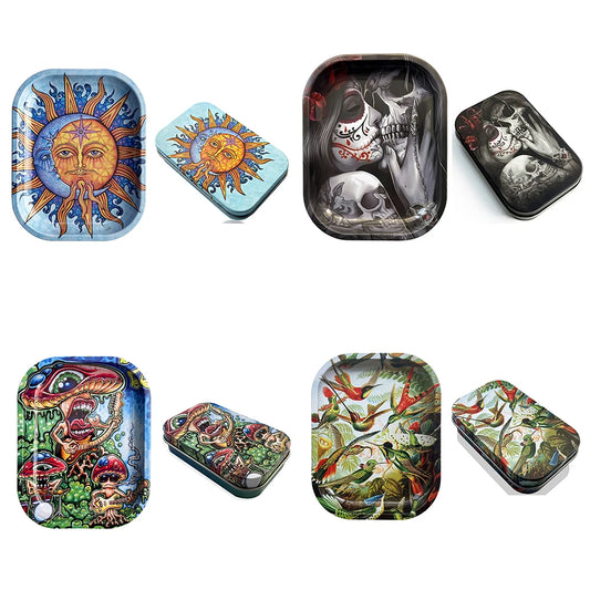 2Pcs Dish Tin Storage Plate Small Container Cigarette Case with 18X14cm Metal Tobacco Tinplate Rolling Tray Smoking Accessories