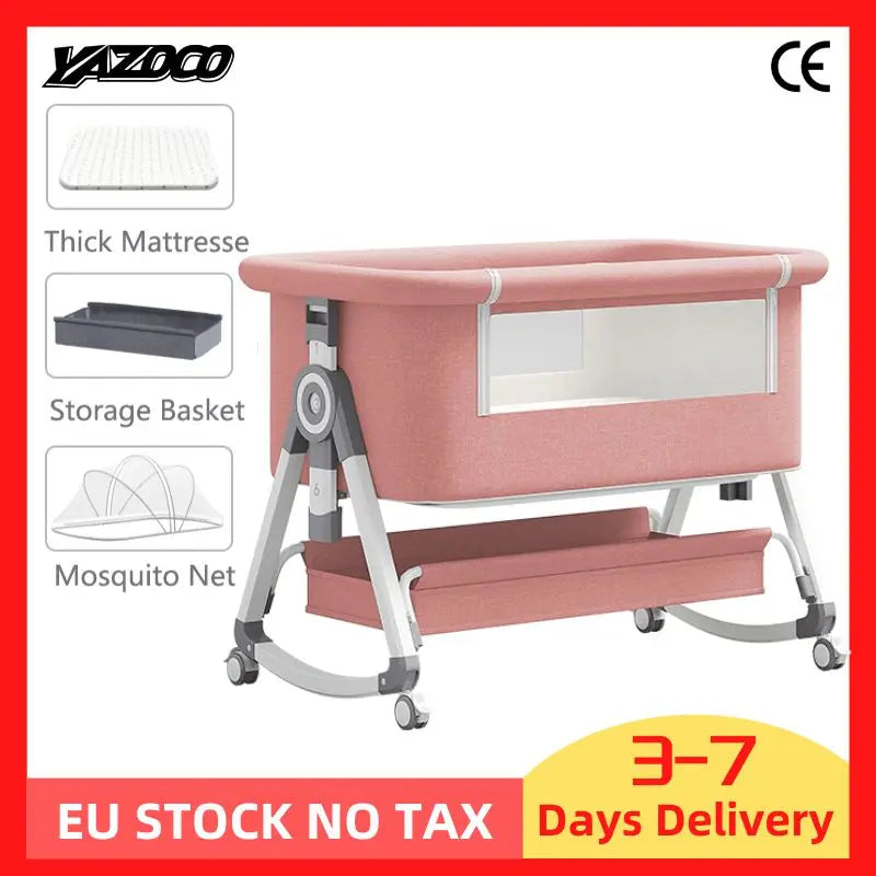 YAZOCO Baby Crib 3 in 1 Bedside Crib Baby Playpen Adjustable Height Rotatable Wheels Cozy Mattress Mosquito for Newborn Baby
