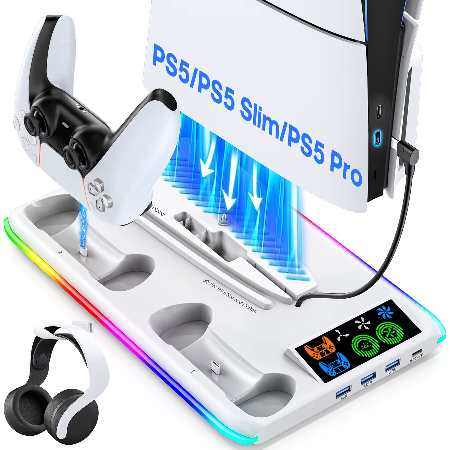 Stand de refroidissement pour PS5/PS5 Slim/PS5 Pro avec crochet casque Station de charge manettes et ventilateur 3 niveaux