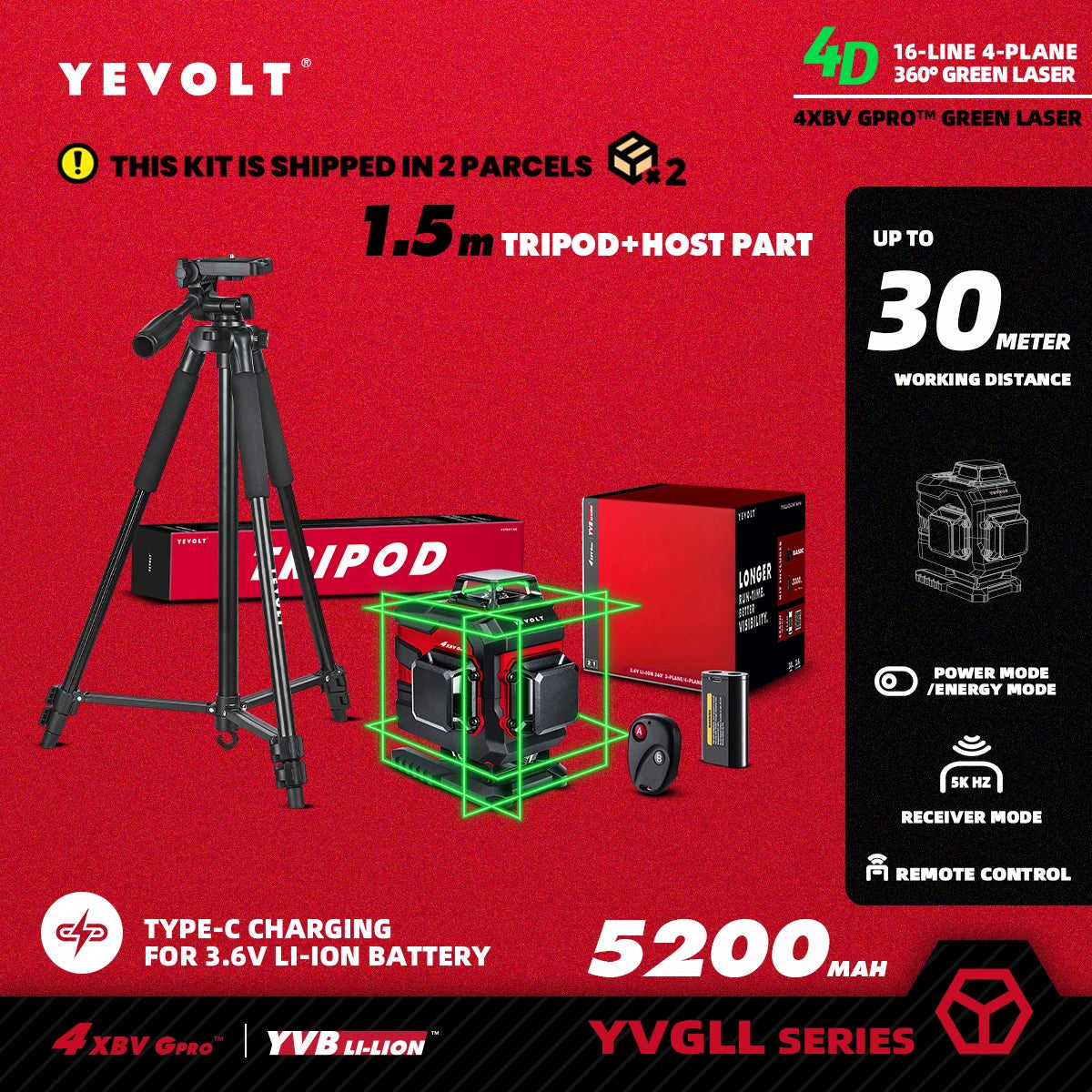 YEVOLT YVGLL4XS16 16 lignes 4 planches outils de niveau Laser vert 4D avec puissance 3Ah/5.2Ah Machine auto-nivelante horizontale et verticale