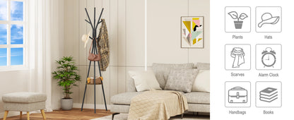 WOLTU Free Standing Hat Clothing Display Stand Coat Rack Tree Shape with 9 Hooks 1 Shelf for Clothes Hats Bags for Living Room