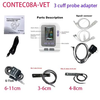 Le détecteur de pression artérielle pour animaux vétérinaires CONTEC08a peut être équipé d'une sonde de fonction d'oxygène dans le sang et un brassard de différentes tailles