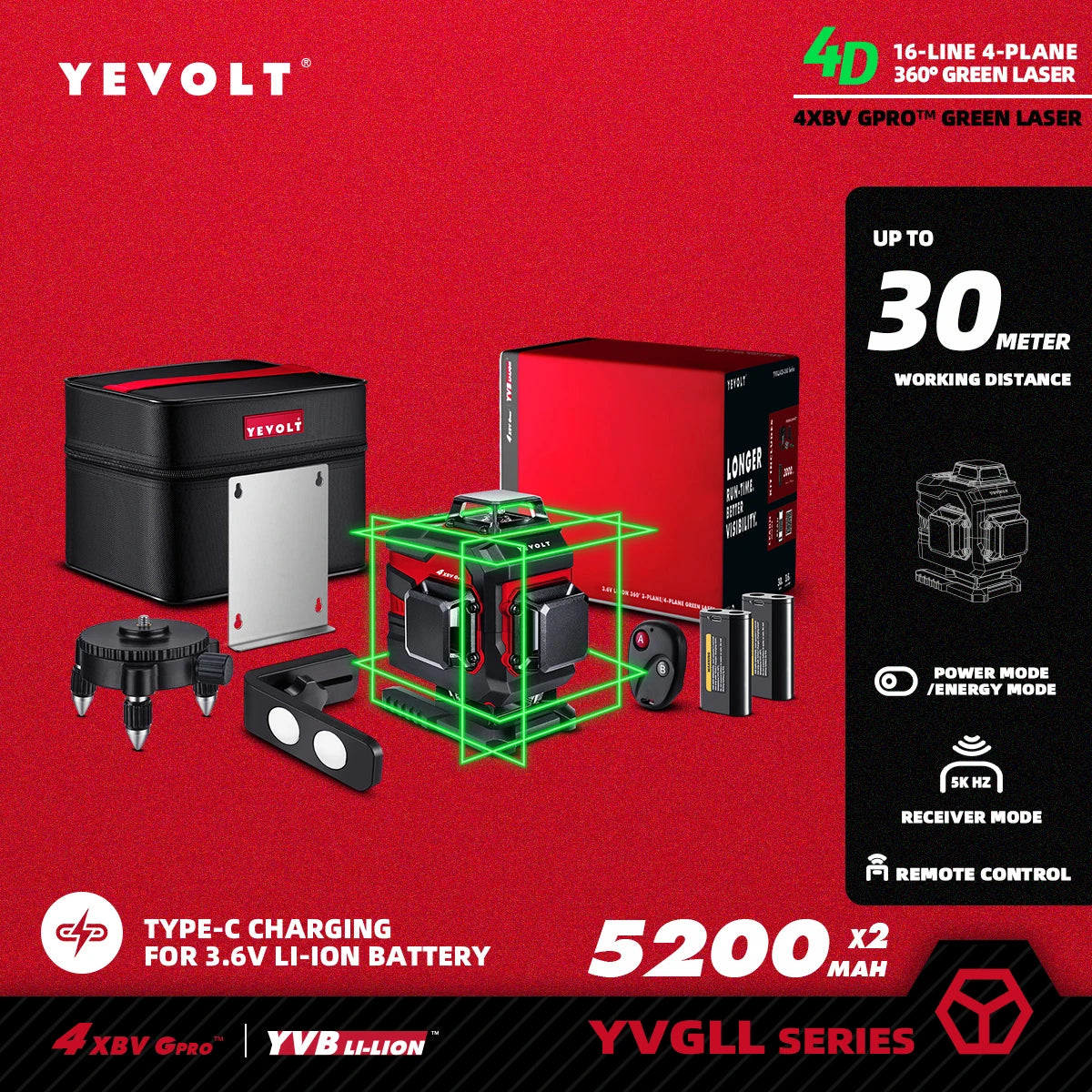 YEVOLT YVGLL4XS16 16 lignes 4 planches outils de niveau Laser vert 4D avec puissance 3Ah/5.2Ah Machine auto-nivelante horizontale et verticale