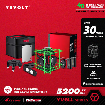 YEVOLT YVGLL4XS16 16 lignes 4 planches outils de niveau Laser vert 4D avec puissance 3Ah/5.2Ah Machine auto-nivelante horizontale et verticale