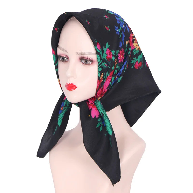 70*70cm Hijabs For Woman Luxury Square Retro Floral Print Kerchief Head Wrap Babushka Headscarf Bufandas Invierno Mujer Foulard