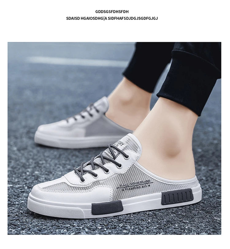 2023 Men's New Lace Up Hollow Breathable Outdoor Comfortable Flat Bottom Half Trailer Men's Shoes
