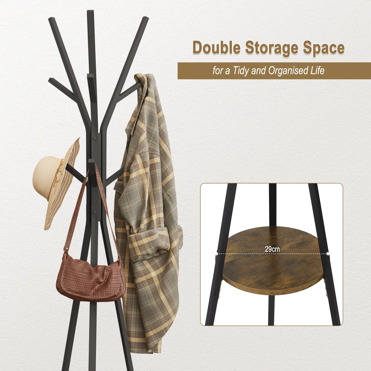 WOLTU Free Standing Hat Clothing Display Stand Coat Rack Tree Shape with 9 Hooks 1 Shelf for Clothes Hats Bags for Living Room