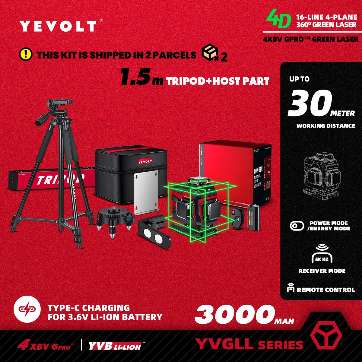 YEVOLT YVGLL4XS16 16 lignes 4 planches outils de niveau Laser vert 4D avec puissance 3Ah/5.2Ah Machine auto-nivelante horizontale et verticale