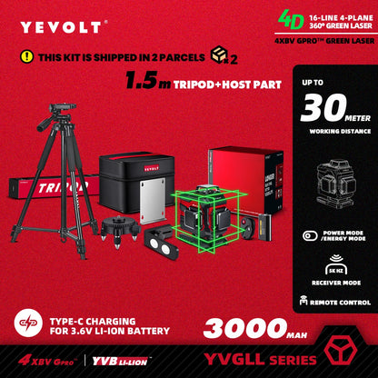 YEVOLT YVGLL4XS16 16 lignes 4 planches outils de niveau Laser vert 4D avec puissance 3Ah/5.2Ah Machine auto-nivelante horizontale et verticale