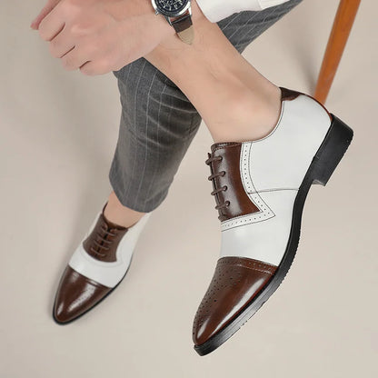 Luxury Classic Men Brogue Oxford Dress Shoes Genuine Cow Leather Black/white Brown Pointed Toe Lace-Up Wedding Party Formal Shoe