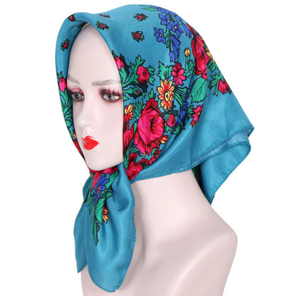 70*70cm Hijabs For Woman Luxury Square Retro Floral Print Kerchief Head Wrap Babushka Headscarf Bufandas Invierno Mujer Foulard