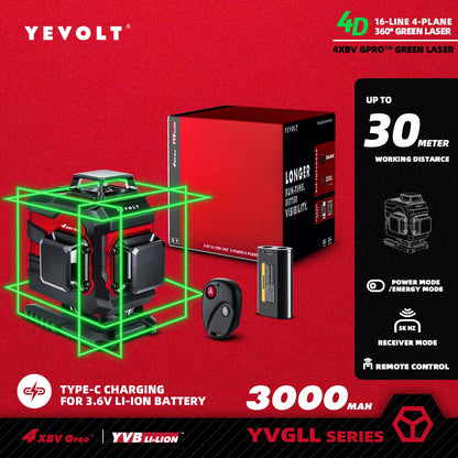 YEVOLT YVGLL4XS16 16 lignes 4 planches outils de niveau Laser vert 4D avec puissance 3Ah/5.2Ah Machine auto-nivelante horizontale et verticale