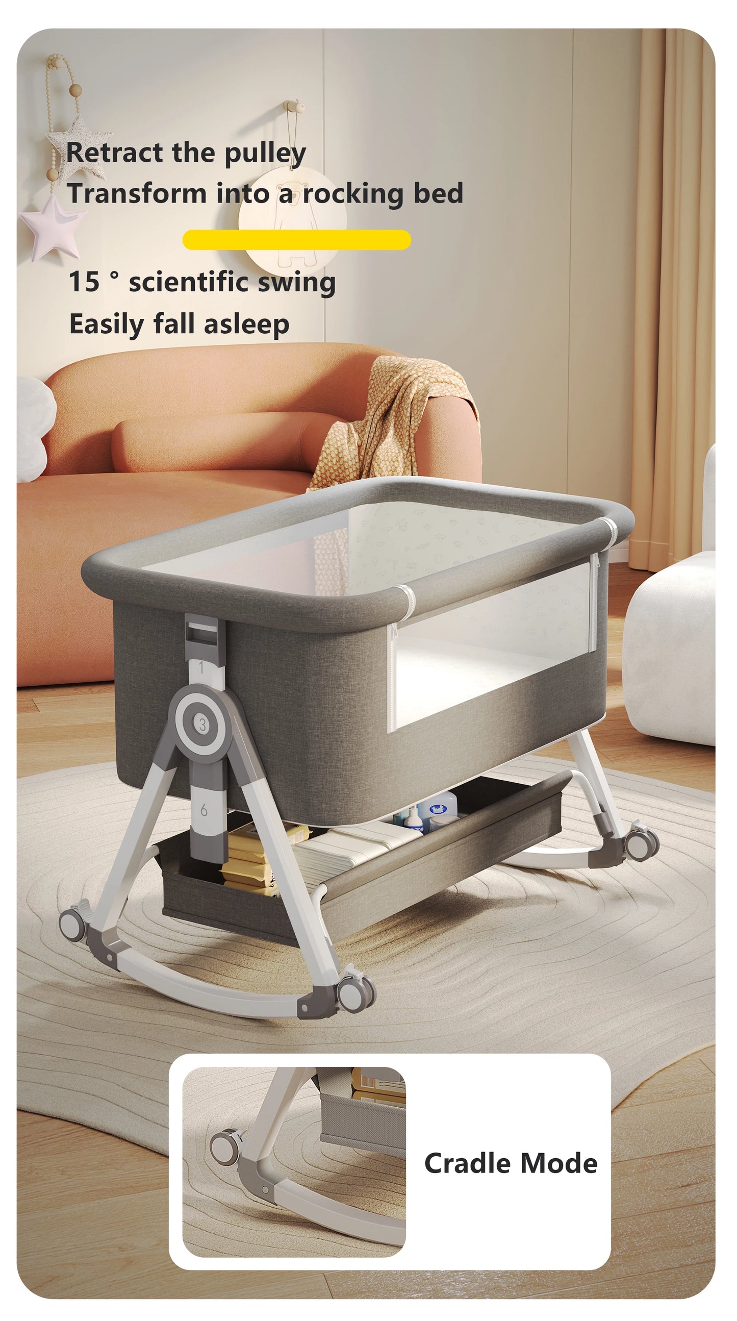 YAZOCO Baby Crib 3 in 1 Bedside Crib Baby Playpen Adjustable Height Rotatable Wheels Cozy Mattress Mosquito for Newborn Baby