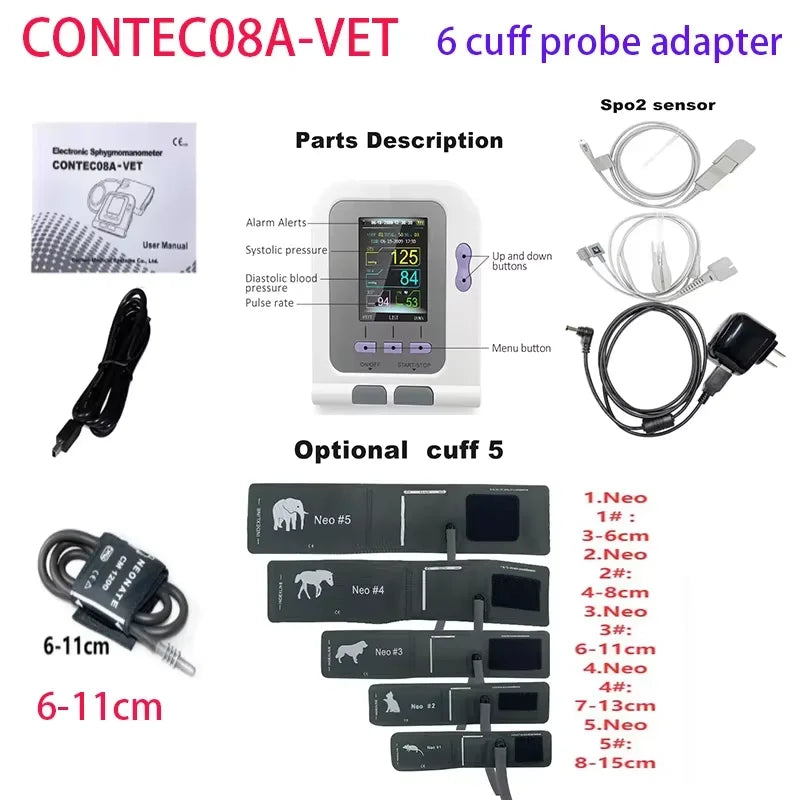 Le détecteur de pression artérielle pour animaux vétérinaires CONTEC08a peut être équipé d'une sonde de fonction d'oxygène dans le sang et un brassard de différentes tailles