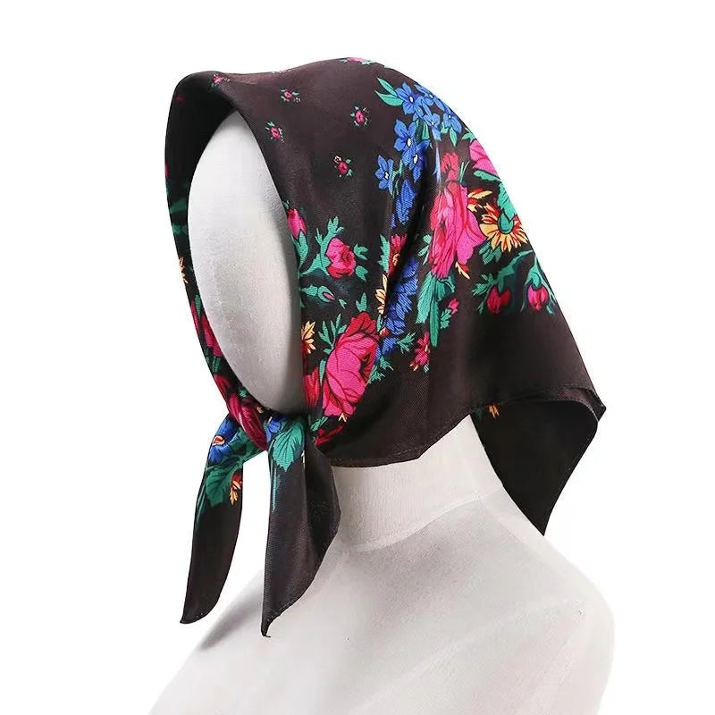 70*70cm Hijabs For Woman Luxury Square Retro Floral Print Kerchief Head Wrap Babushka Headscarf Bufandas Invierno Mujer Foulard