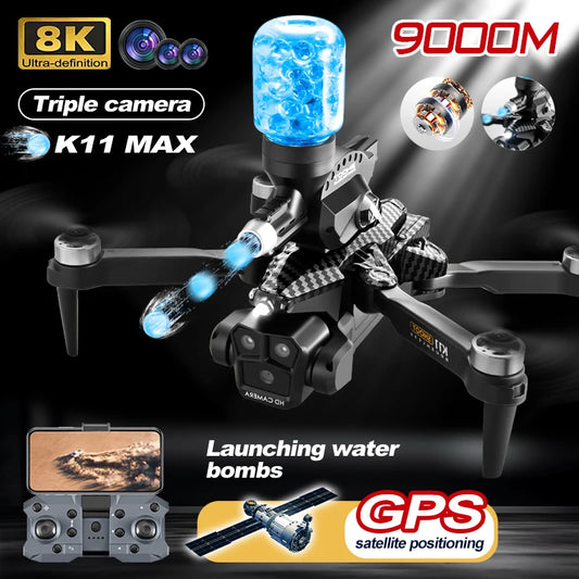 K11 MAX Drone 8K HD pliable FPV ESC RC Tripple caméra positionnement du flux optique sans brosse lancement bombes d'eau