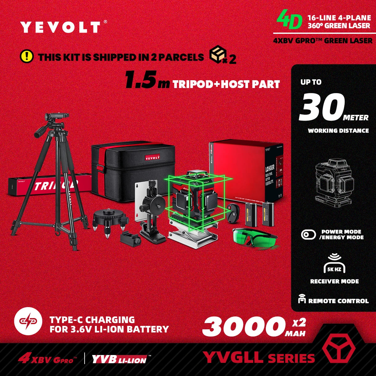 YEVOLT YVGLL4XS16 16 lignes 4 planches outils de niveau Laser vert 4D avec puissance 3Ah/5.2Ah Machine auto-nivelante horizontale et verticale