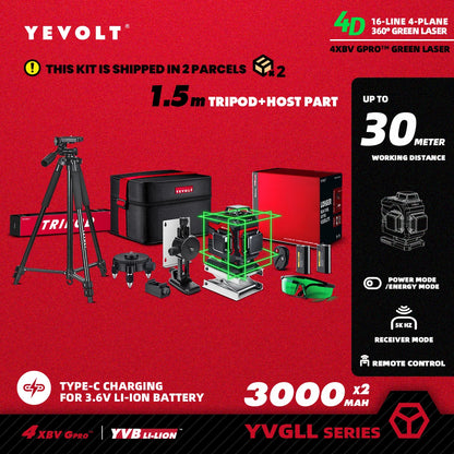 YEVOLT YVGLL4XS16 16 lignes 4 planches outils de niveau Laser vert 4D avec puissance 3Ah/5.2Ah Machine auto-nivelante horizontale et verticale