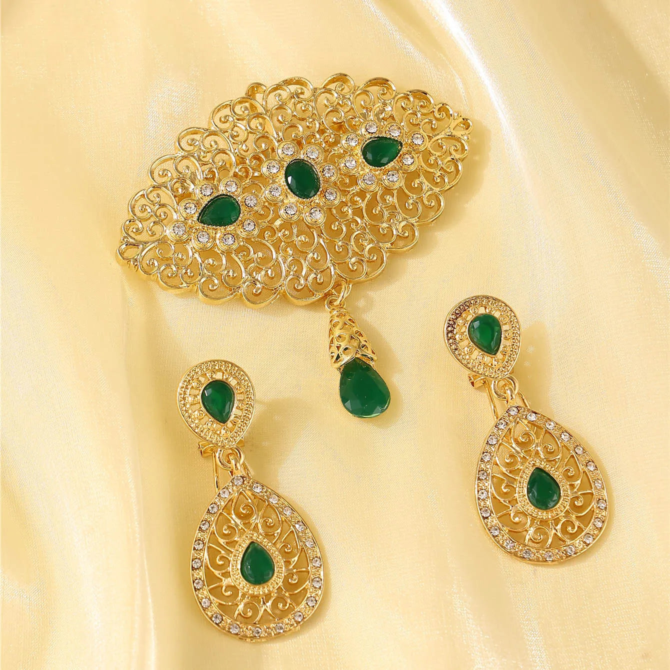 Moroccan ladies' fashion brooch earring set, Bohemian style, bridal banquet accessories, festival clothing ornaments.