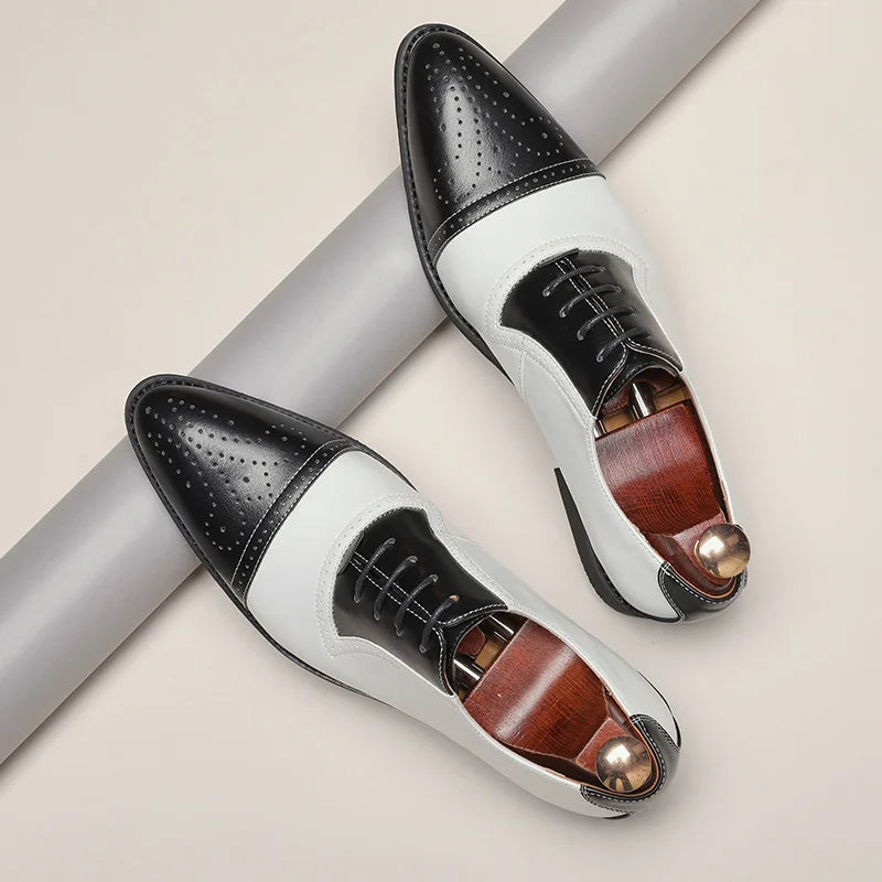 Luxury Classic Men Brogue Oxford Dress Shoes Genuine Cow Leather Black/white Brown Pointed Toe Lace-Up Wedding Party Formal Shoe