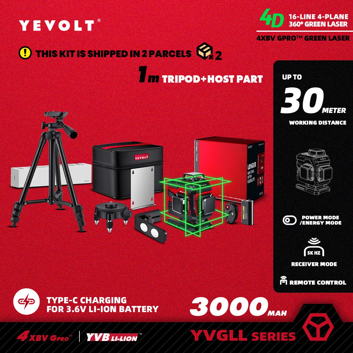 YEVOLT YVGLL4XS16 16 lignes 4 planches outils de niveau Laser vert 4D avec puissance 3Ah/5.2Ah Machine auto-nivelante horizontale et verticale