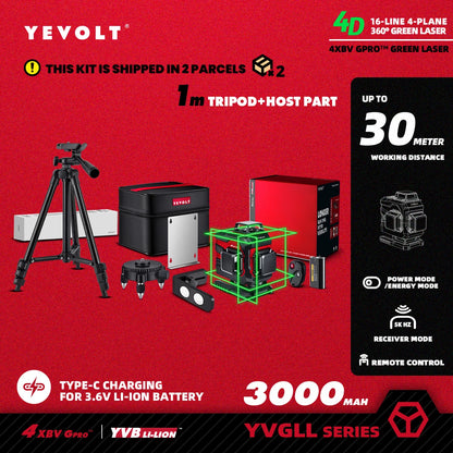 YEVOLT YVGLL4XS16 16 lignes 4 planches outils de niveau Laser vert 4D avec puissance 3Ah/5.2Ah Machine auto-nivelante horizontale et verticale
