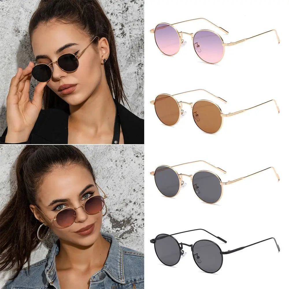 Fashion Trendy Black UV400 Protection Shades Sun Glasses Round Sunglasses for Women Metal Frame For Travel|Beach