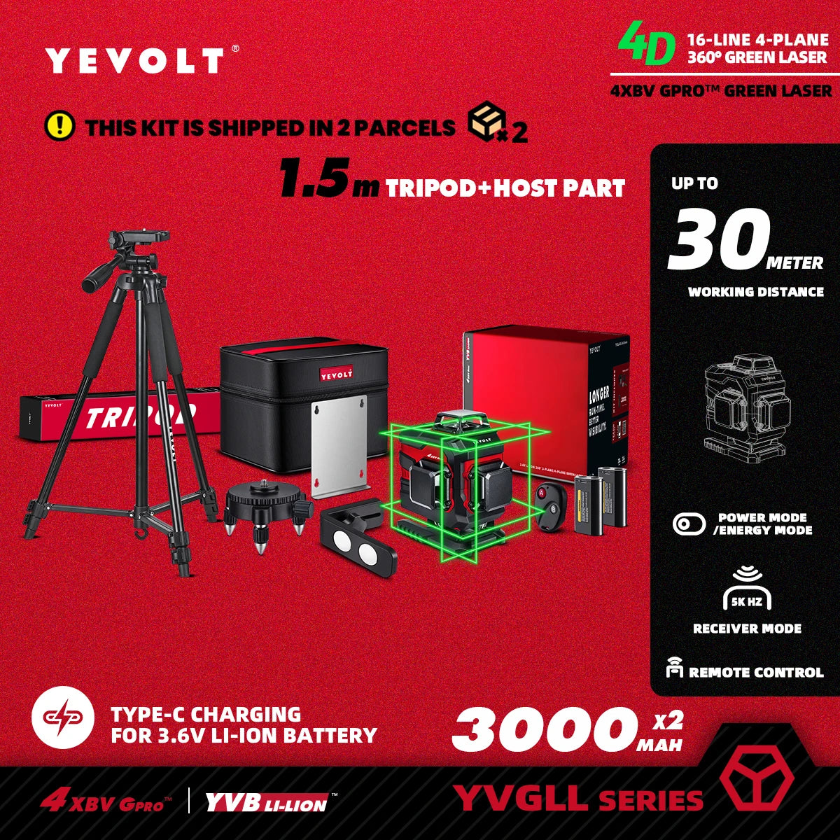 YEVOLT YVGLL4XS16 16 lignes 4 planches outils de niveau Laser vert 4D avec puissance 3Ah/5.2Ah Machine auto-nivelante horizontale et verticale