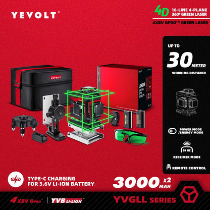 YEVOLT YVGLL4XS16 16 lignes 4 planches outils de niveau Laser vert 4D avec puissance 3Ah/5.2Ah Machine auto-nivelante horizontale et verticale