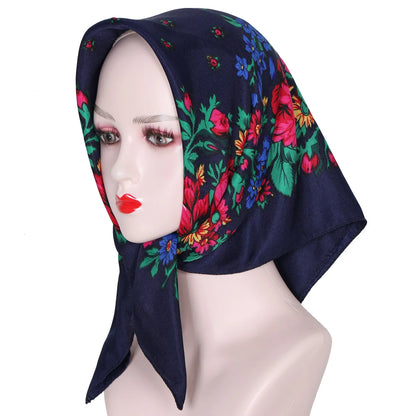 70*70cm Hijabs For Woman Luxury Square Retro Floral Print Kerchief Head Wrap Babushka Headscarf Bufandas Invierno Mujer Foulard