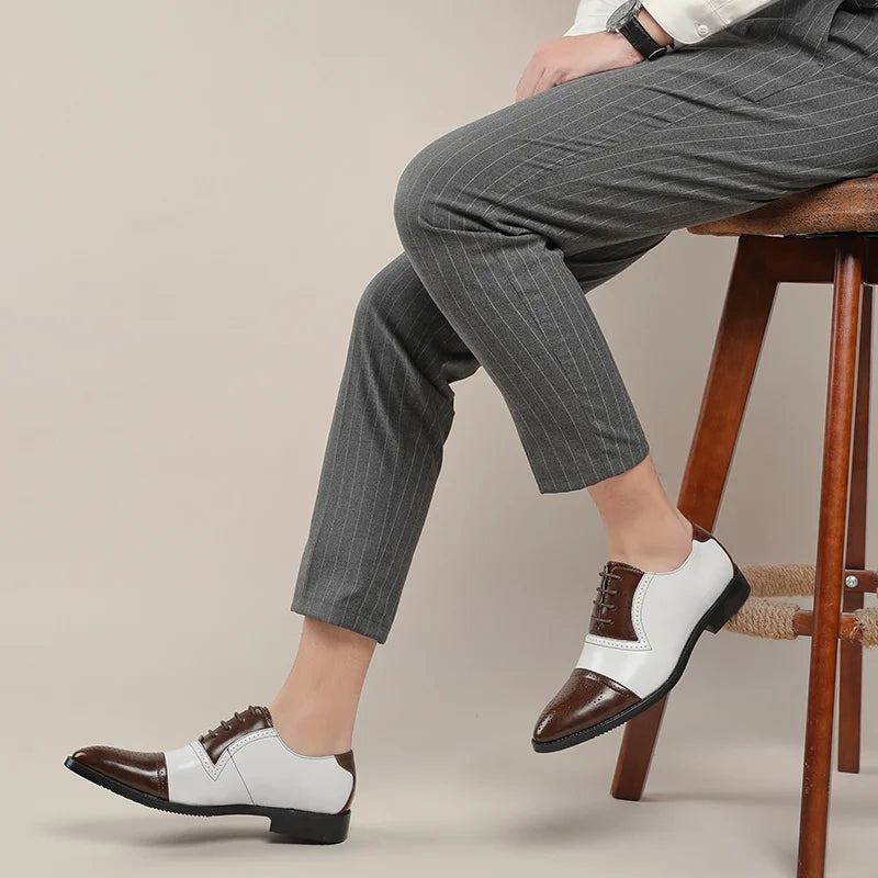 Luxury Classic Men Brogue Oxford Dress Shoes Genuine Cow Leather Black/white Brown Pointed Toe Lace-Up Wedding Party Formal Shoe