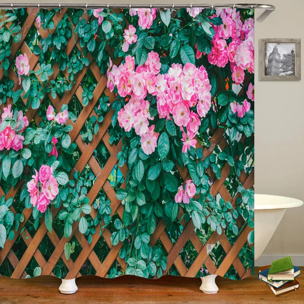 3D Printing Flowers Plant Garden Bathroom Shower Curtain Natural Landscape Home Decoration Waterproof Curtain with Hook Curtain