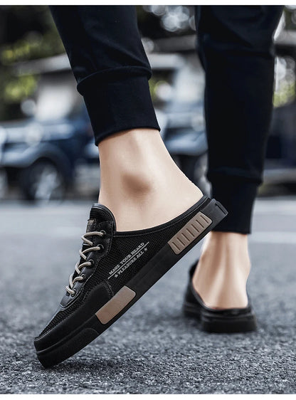 2023 Men's New Lace Up Hollow Breathable Outdoor Comfortable Flat Bottom Half Trailer Men's Shoes