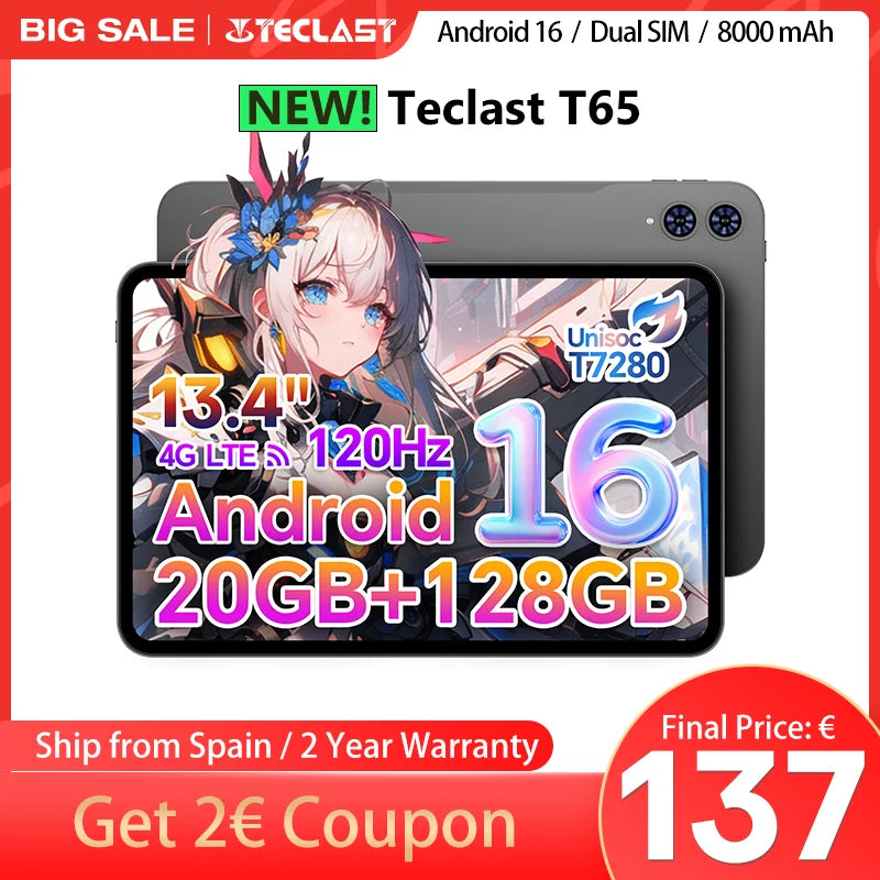 【New】Teclast T65, 13.4 Inch 120Hz Tddi, Android 16 Tablet, (8Gb+12Gb)20Gb Ram, 128Gb Rom, Unisoc T7280, 8 Cores, Mali-G57, 1920X1200, 8000Mah, 4g Volte, Wifi, Gps, 13Mp+5Mp