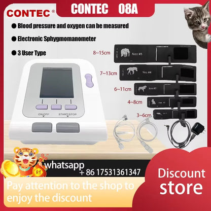 Le détecteur de pression artérielle pour animaux vétérinaires CONTEC08a peut être équipé d'une sonde de fonction d'oxygène dans le sang et un brassard de différentes tailles