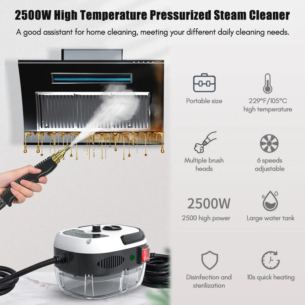 2500W Portable Handheld Steam Cleaner High Temperature Pressurized Steam Cleaning Machine with Brush Heads for Kitchen Furniture