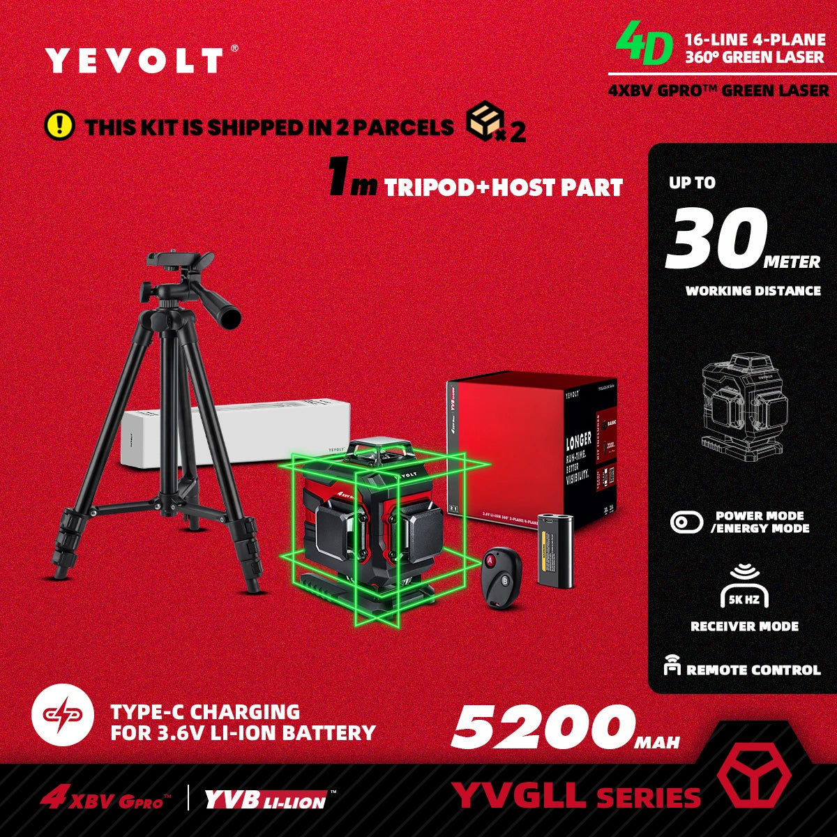 YEVOLT YVGLL4XS16 16 lignes 4 planches outils de niveau Laser vert 4D avec puissance 3Ah/5.2Ah Machine auto-nivelante horizontale et verticale