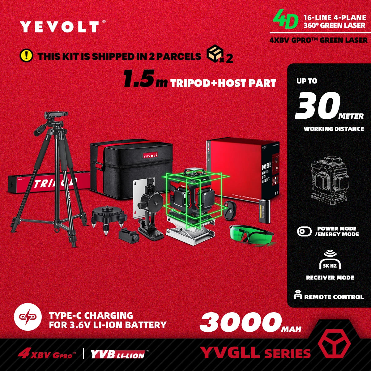 YEVOLT YVGLL4XS16 16 lignes 4 planches outils de niveau Laser vert 4D avec puissance 3Ah/5.2Ah Machine auto-nivelante horizontale et verticale