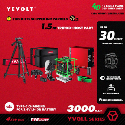 YEVOLT YVGLL4XS16 16 lignes 4 planches outils de niveau Laser vert 4D avec puissance 3Ah/5.2Ah Machine auto-nivelante horizontale et verticale
