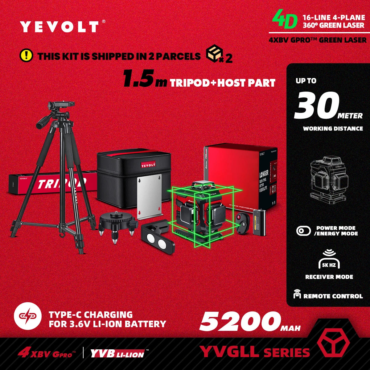 YEVOLT YVGLL4XS16 16 lignes 4 planches outils de niveau Laser vert 4D avec puissance 3Ah/5.2Ah Machine auto-nivelante horizontale et verticale