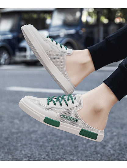 2023 Men's New Lace Up Hollow Breathable Outdoor Comfortable Flat Bottom Half Trailer Men's Shoes